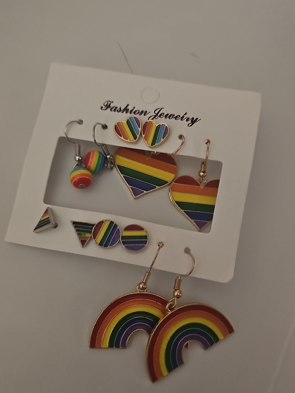 Fashion Jewelry Rainbow Heart and Rainbow Earrings - Multicolor Gold Trim